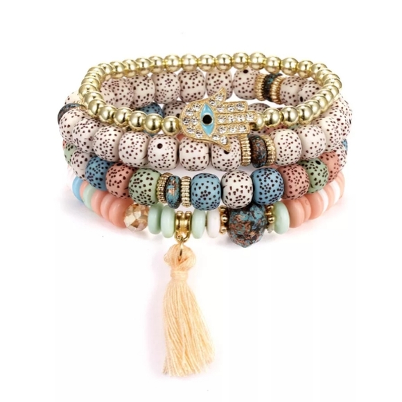 Beaded Evil Eye Hamsa Hand Charm Bracelet - Picture 2 of 2